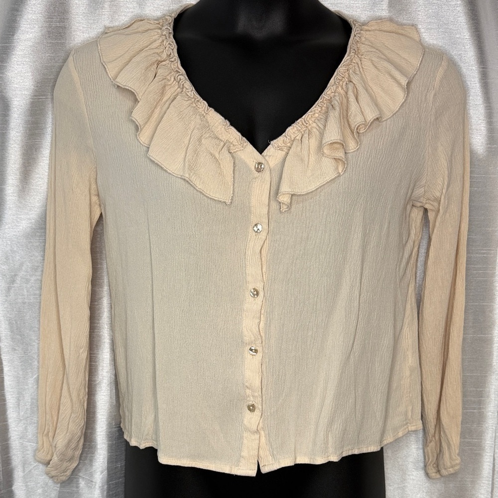 Millibon U.S.A. Crinkle Button Up Blouse Womens L V Neck Ruffle Crop Gauze Rayon